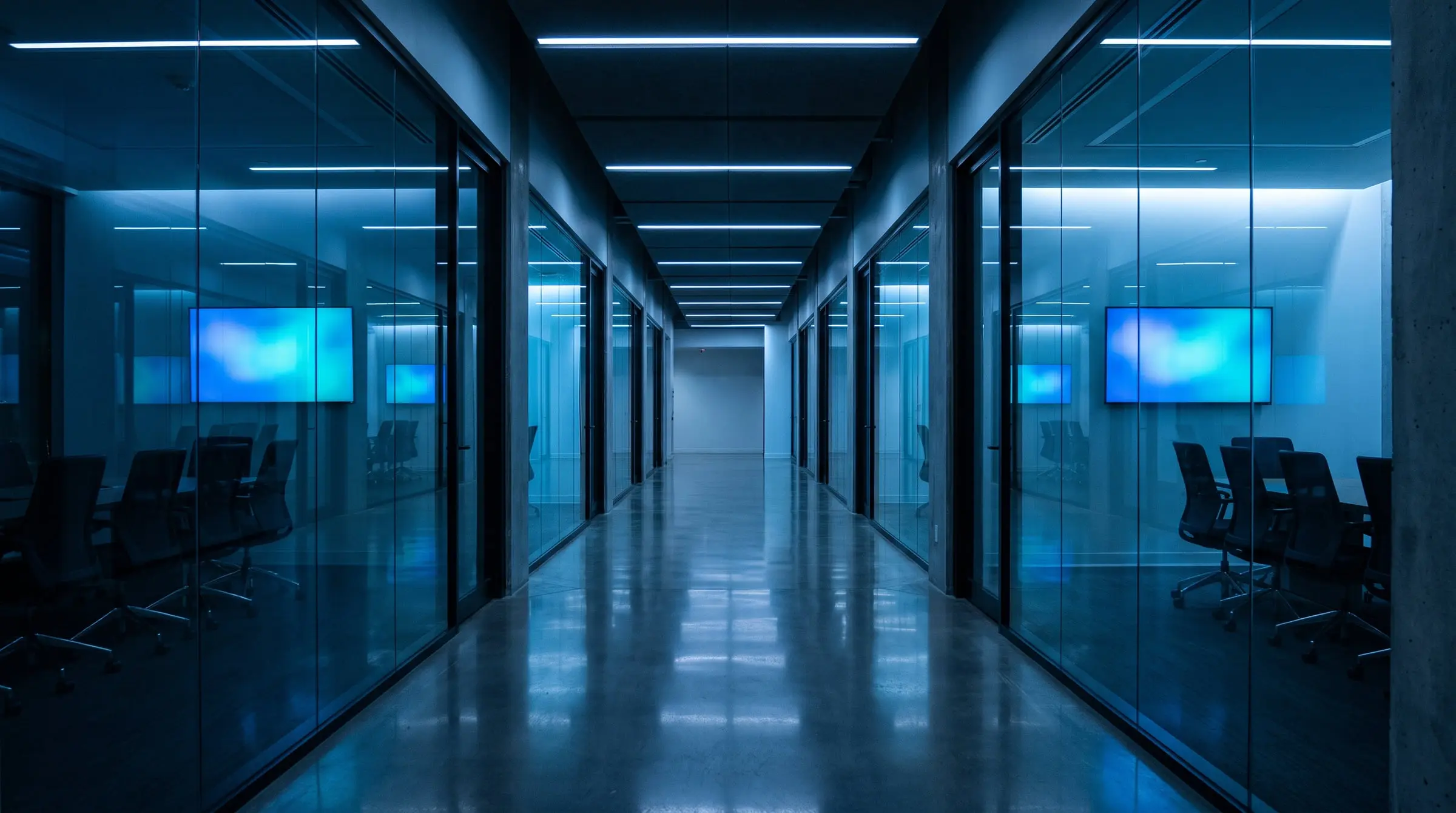 A corridor of glass-walled meeting rooms at night, each lit in cool blue with its display glowing