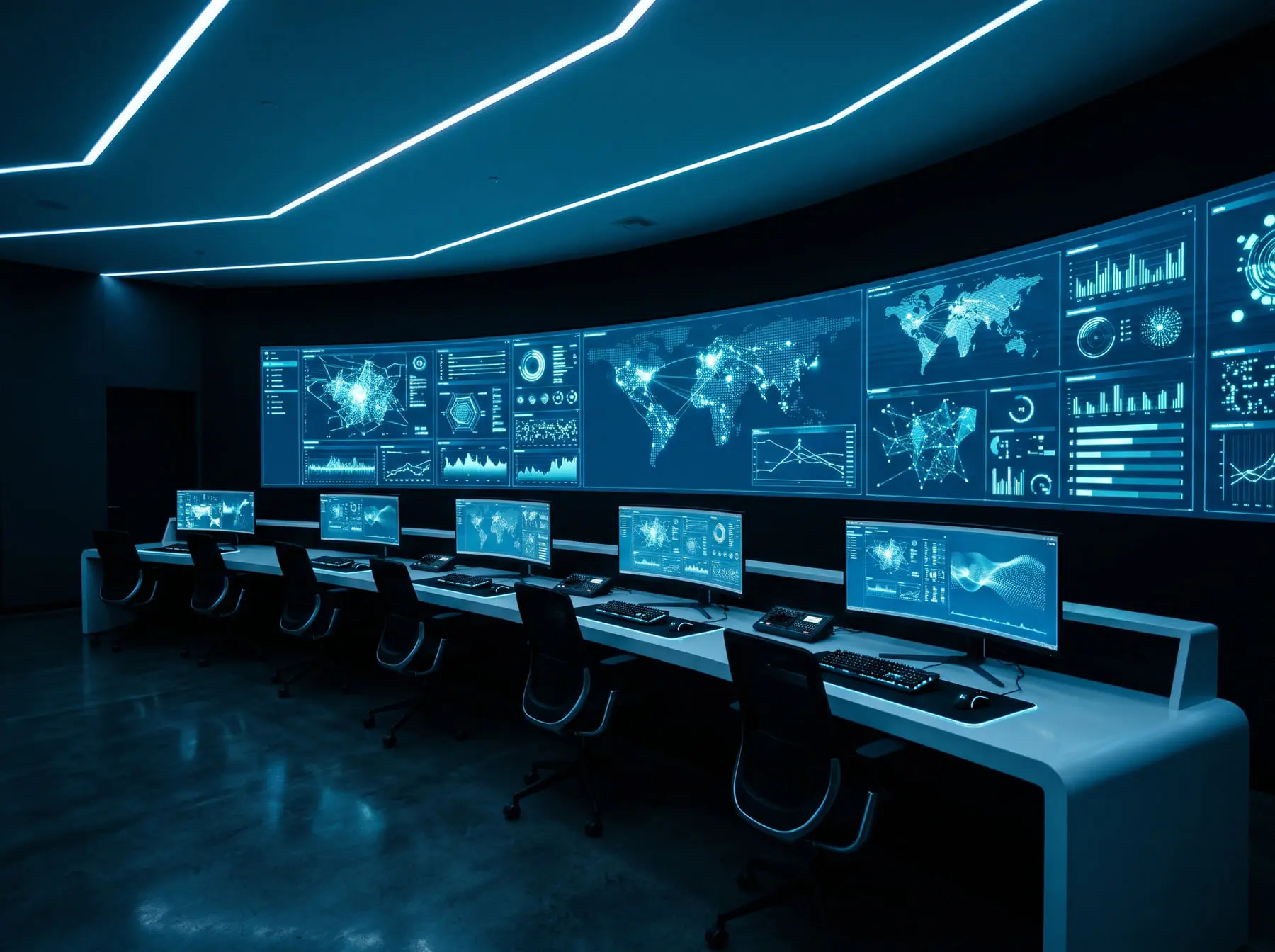 An AV operations room at night, its curved wall of displays showing network and system dashboards above a console desk