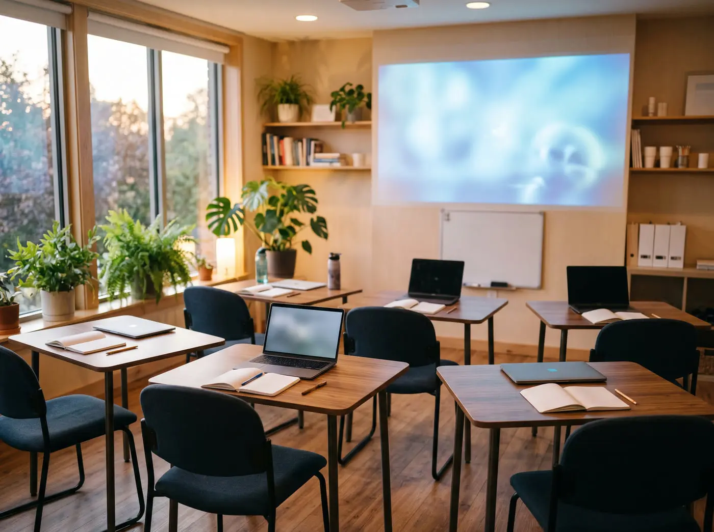 A bright community classroom set up with laptops and notebooks for a mentoring session